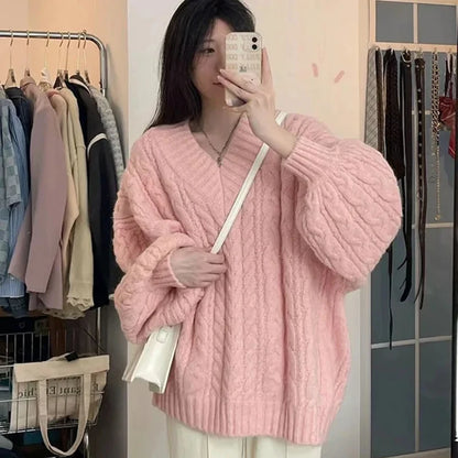 Übergroßer Strickpullover mit V-Ausschnitt - Lockerer Pullover im Harajuku-Stil