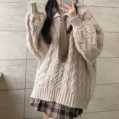 Übergroßer Strickpullover mit V-Ausschnitt - Lockerer Pullover im Harajuku-Stil