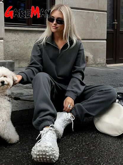 Autumn Women's Tracksuit with Zipper Cotton Oversize White Casual Two Piece Set Women  Classic Sports Trouser Suits for Women