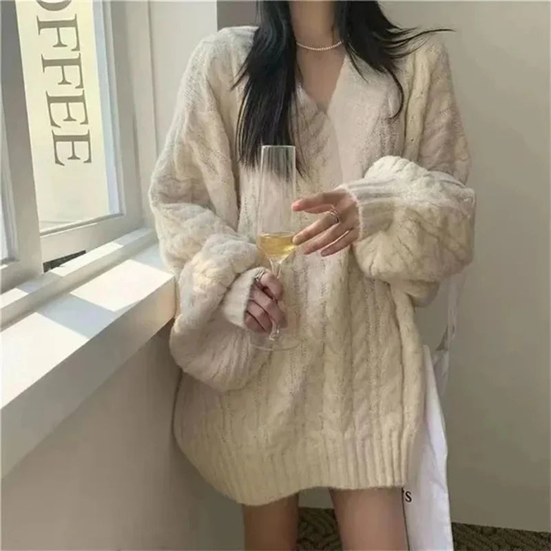 Übergroßer Strickpullover mit V-Ausschnitt - Lockerer Pullover im Harajuku-Stil