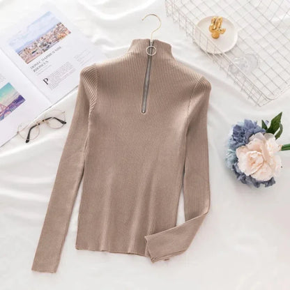 New Fashion Long Sleeved Zipper Pullover Knitted Sweater Autumn and Winter Retro Solid Color Slim Fit Short Top for Women 17113