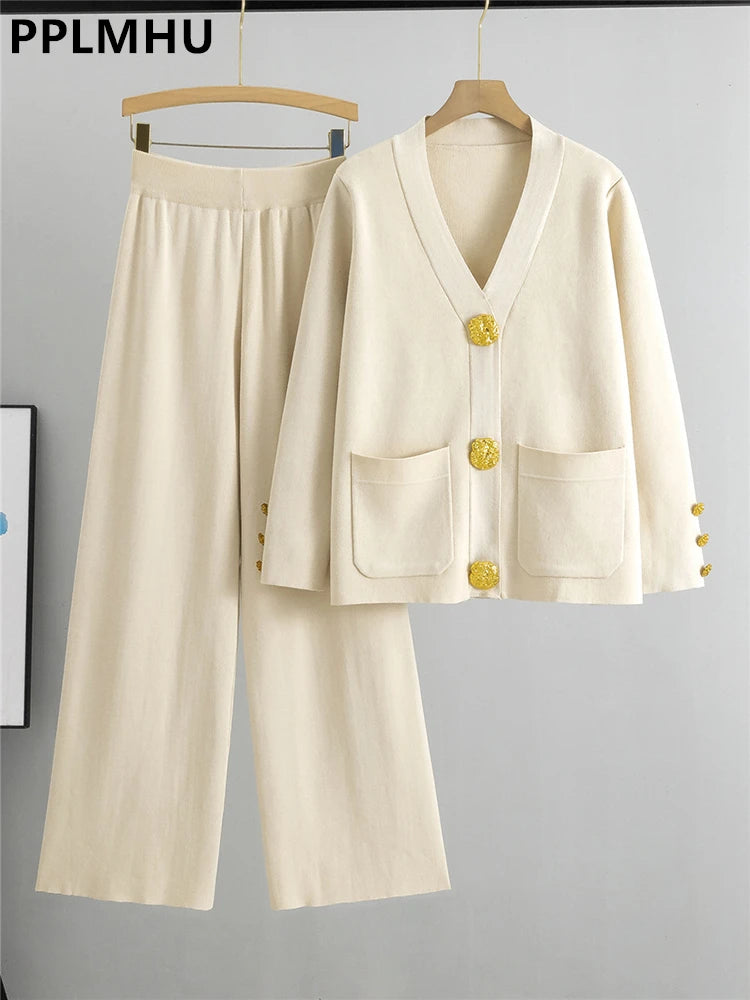 Fall Winter Women's Knit Sweater Sets Large Gold Button V-neck Cardigan Coats Conjunto High Waist Baggy 95cm Wide Leg Pants Suit