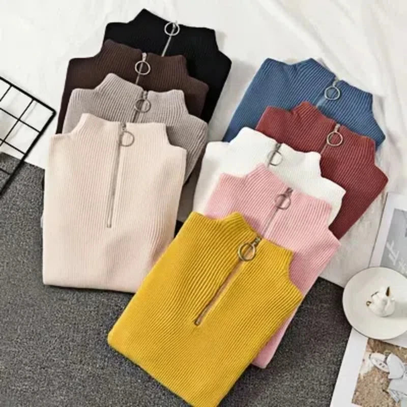 New Fashion Long Sleeved Zipper Pullover Knitted Sweater Autumn and Winter Retro Solid Color Slim Fit Short Top for Women 17113