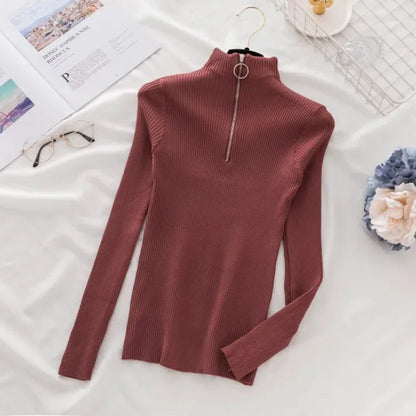 New Fashion Long Sleeved Zipper Pullover Knitted Sweater Autumn and Winter Retro Solid Color Slim Fit Short Top for Women 17113