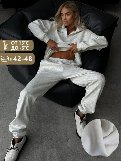 Autumn Women's Tracksuit with Zipper Cotton Oversize White Casual Two Piece Set Women  Classic Sports Trouser Suits for Women