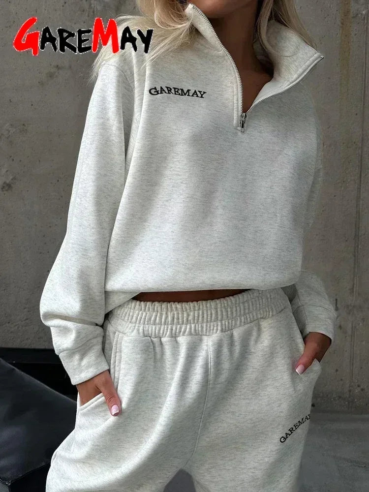 Autumn Women's Tracksuit with Zipper Cotton Oversize White Casual Two Piece Set Women  Classic Sports Trouser Suits for Women